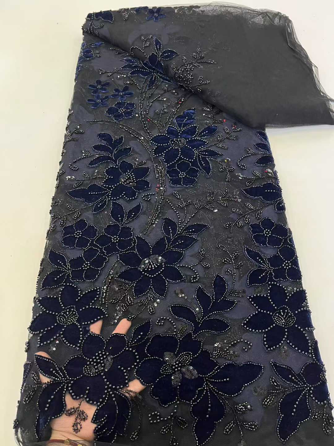 

Luxury Velvet Lace Fabric 5 Yards High Quality 2025 Black Beaded Lace Fabric Fashion Sequin African Laces Fabric For Women Dress 5 yards&120cm