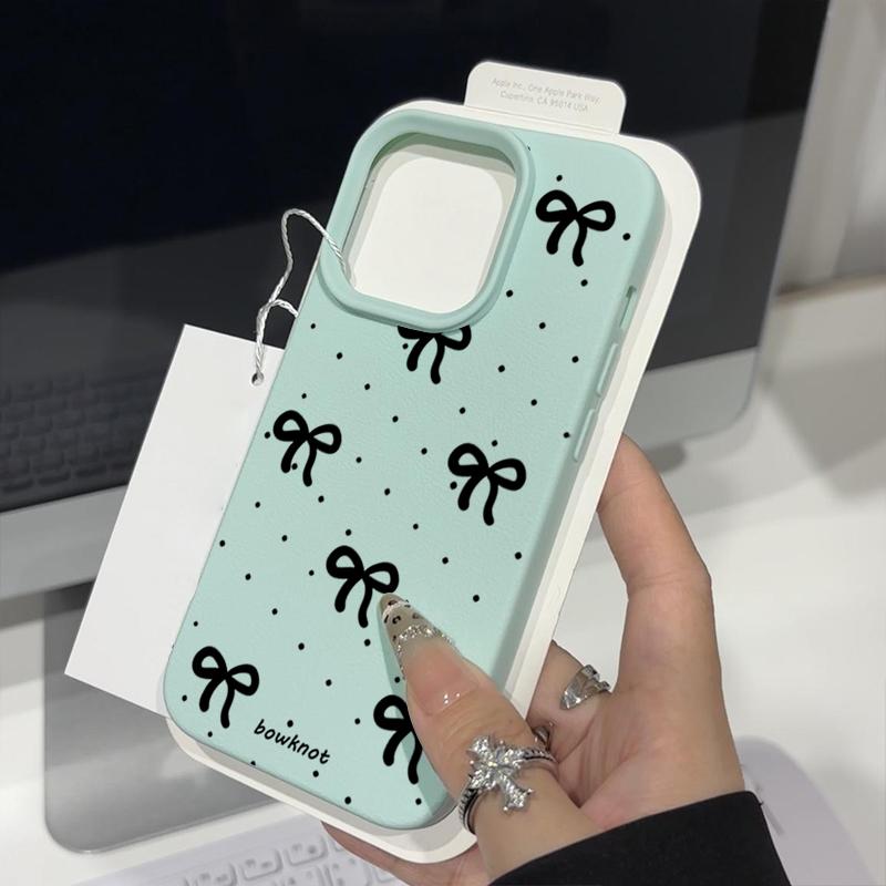 Czarne kropki, kokarda, nadruk, miękkie matowe etui na iPhone 16 Pro Max 15 Pro 14 13 12 11, TPU, tekstura skóry, odporne na wstrząsy, smukłe etui na telefon
