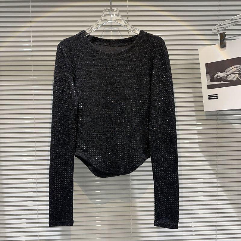 Casual Diamond Bright Design Long Sleeve T-shirt For Women Irregular Round Neck Simple Top 2026 Autumn Female New 11XX5835