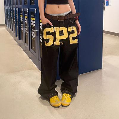 American Washed Denim Crack Print Casual Jeans Loose Men Women Loose Slimming Floor-Length Pants High Waist Wide Leg