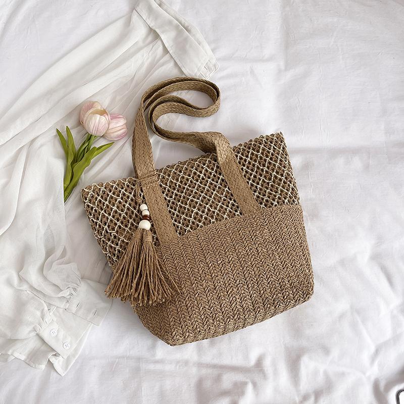 Straw Woven Tote Bag Women Summer Beach Handbag Natural Rattan Shoulder Bag Casual Vacation Style Bag