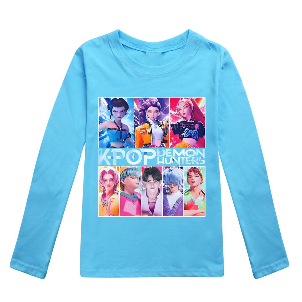 KPop Dämonenjäger T-Shirt Kinder Stilvolle Mode Cartoon Freizeitkleidung Jugend Mädchen Locker Rundhals-T-Shirts Jungen Langarm-Oberteile