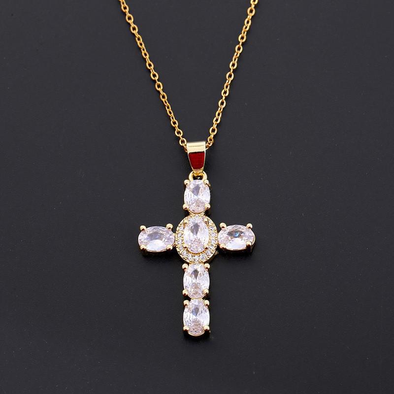 Gold-Plated Multi-Color Zirconia Cross Necklace with Full Diamond Design