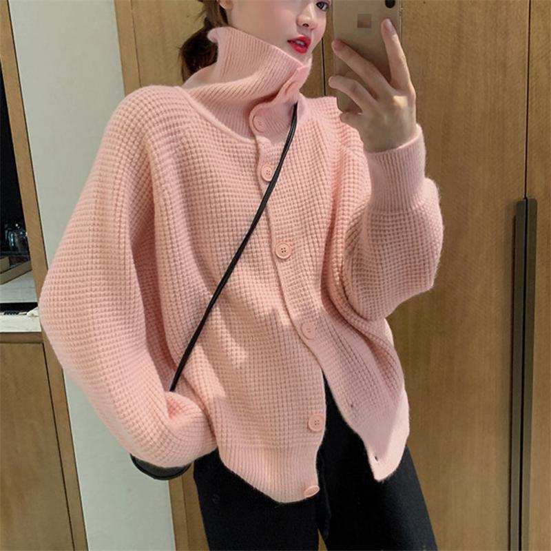 Cardigan Sweater Female Waffle Turtleneck Knitted Women Loose Casual Sweater Single-breasted Sweater Cardigan Coat