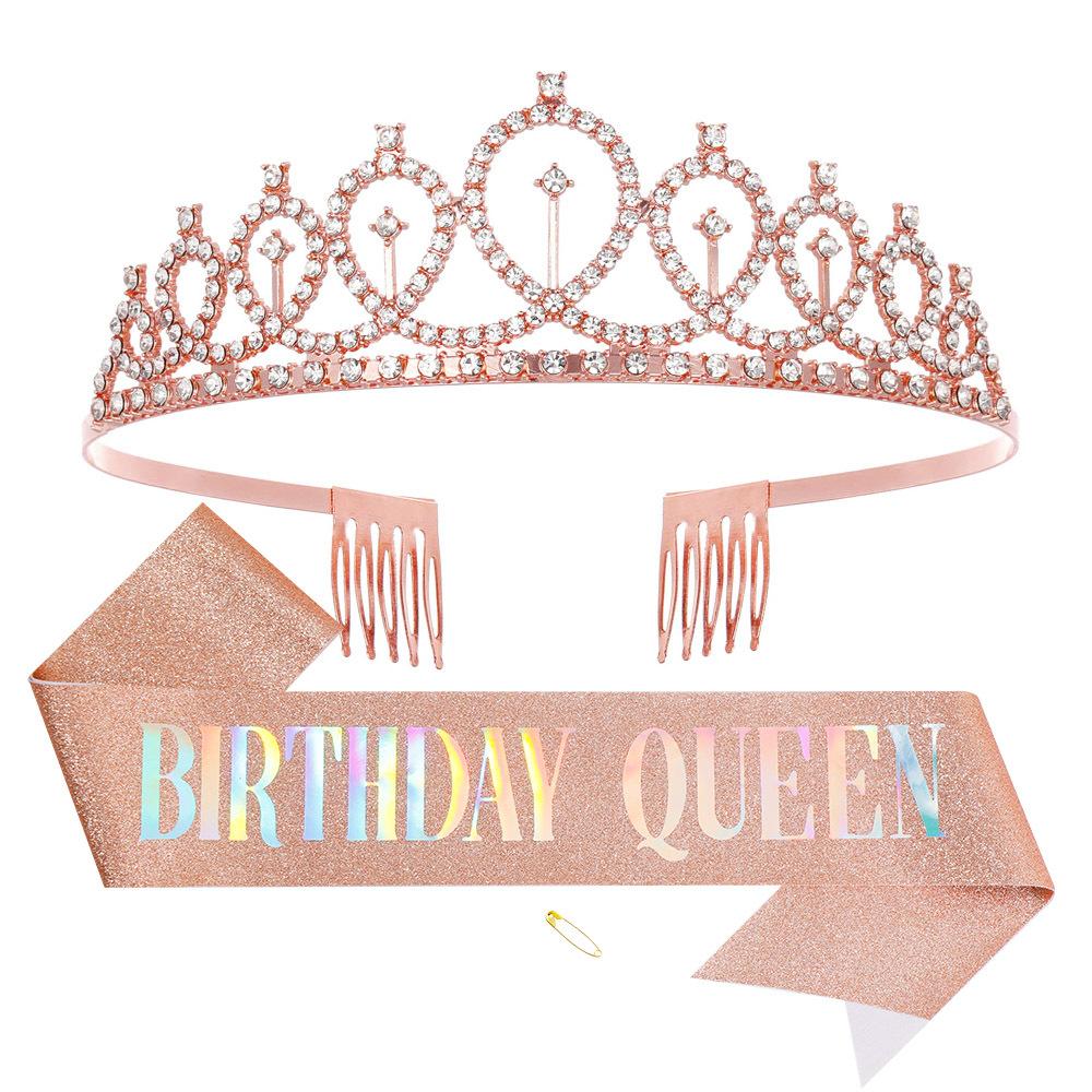 Birthday Sparkly Crown Girl Rhinestone Headband Belt Queen Etiquette with Birthday Decorating Party Supplies Estuche Alpicool