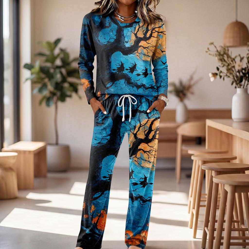 Women's Round Neck Long Sleeve Drawstring Wide Leg Pajama Set for Casual Loungewear
