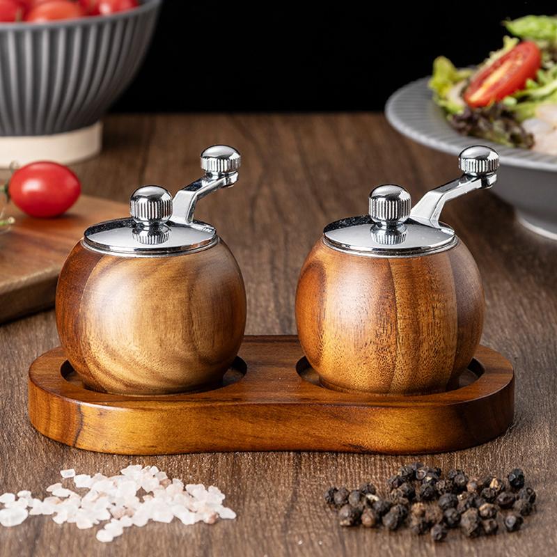 Hand Cranked Wooden Ball Grinder, Multi-Purpose Black Pepper Powder Salt Barbecue Spice Mini Grinder, Suitable For Kitchen Tools