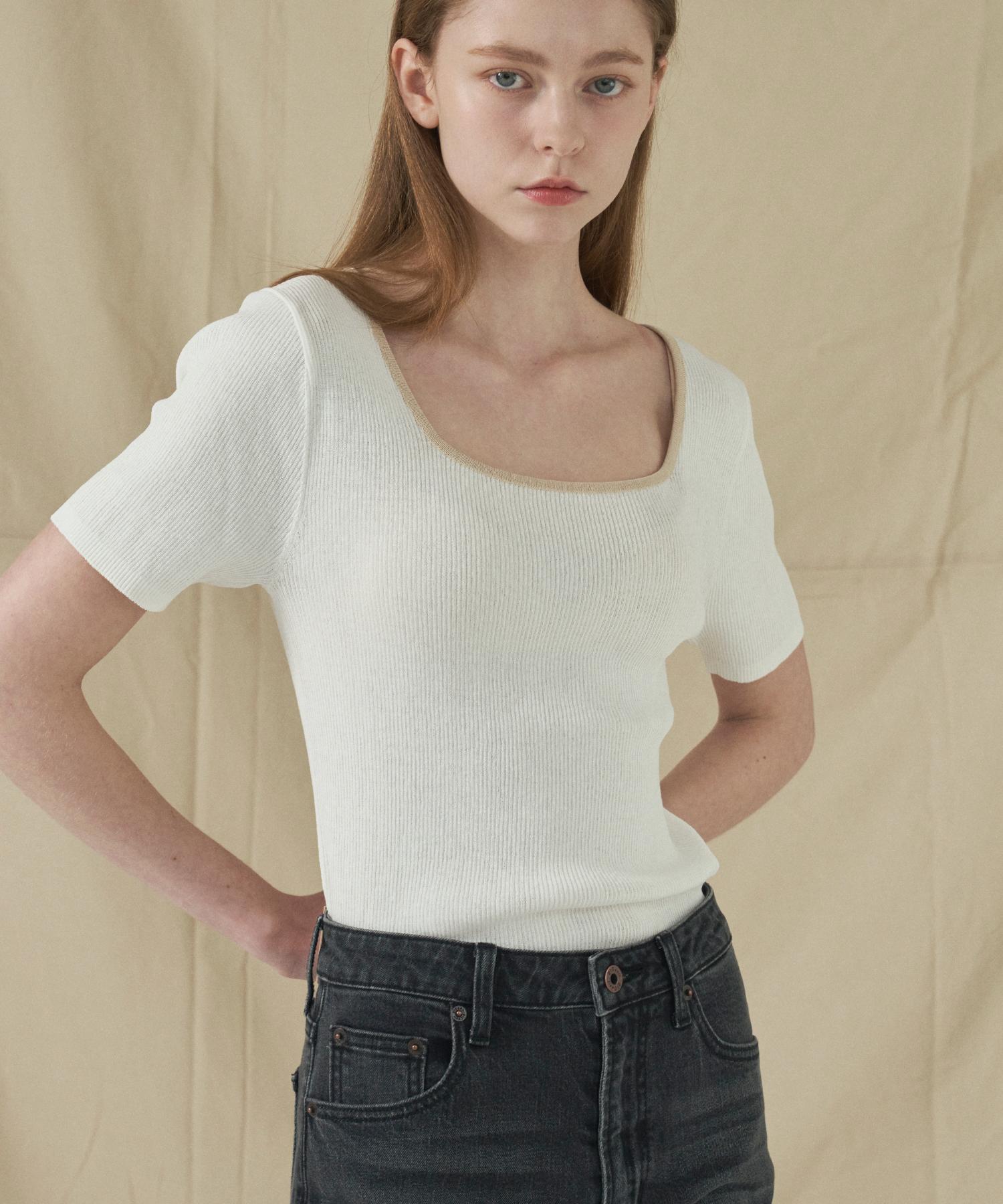 210 Edit Women S Square Neck Slim Ribbed Short Sleeve Knit - Ivory Ze2Sw643 Ivory/85