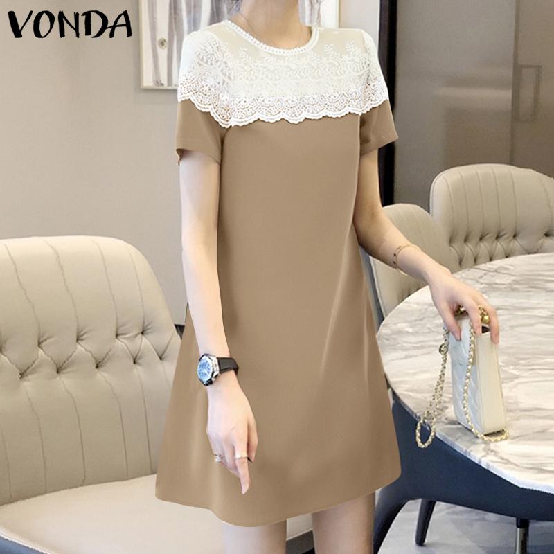VONDA Summer Women Round Neck Long Sleeve Lace Patchwork Straight Mini Dress