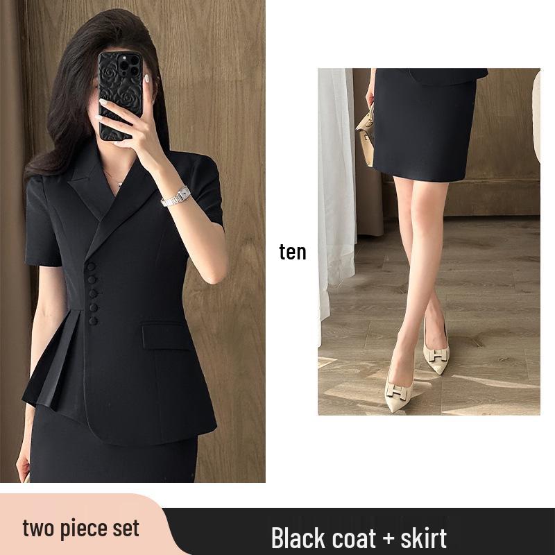 Gray Women's Short-Sleeved Suit Set: Summer Petite Professional Formal Wear for Jewelry Store Managers and Beauty Salon Workwear