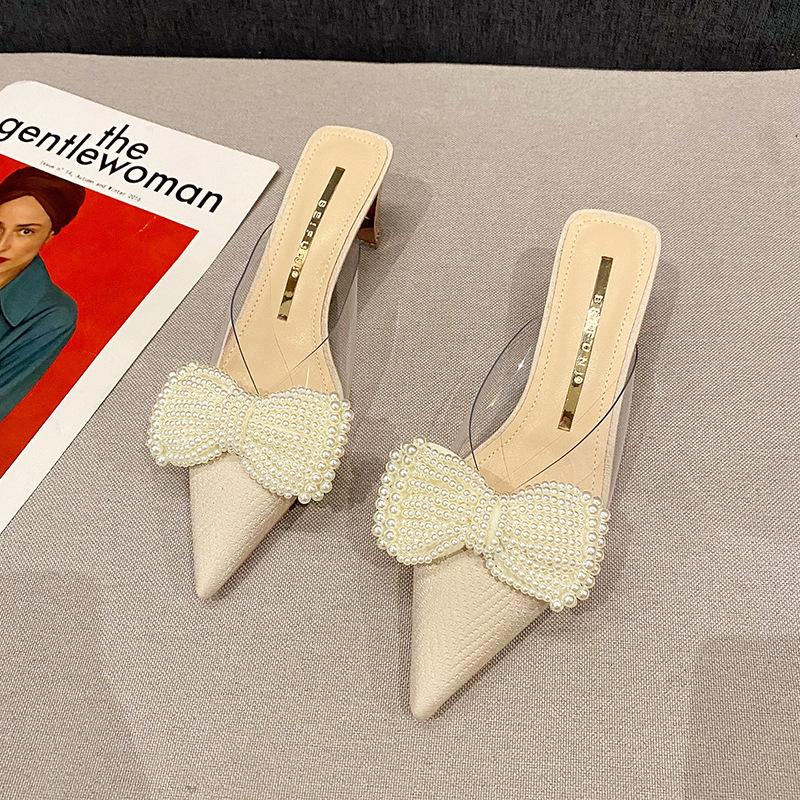 

2025 new thick heel pearl pointed head bag head half slippers women wear fairy style high heel transparent cool slippers in summer 39
