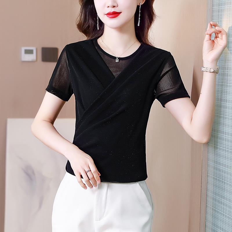 Summer Black Mesh Short-sleeved T-shirt for Women's Summer New Fashionable Base Shirt Slim-fitting Top
