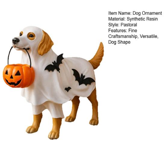 Halloween Ornament Dog Holding Pumpkin Bowl Ghost Statue Quirky Pet Figurine Indoor Outdoor Decoration
