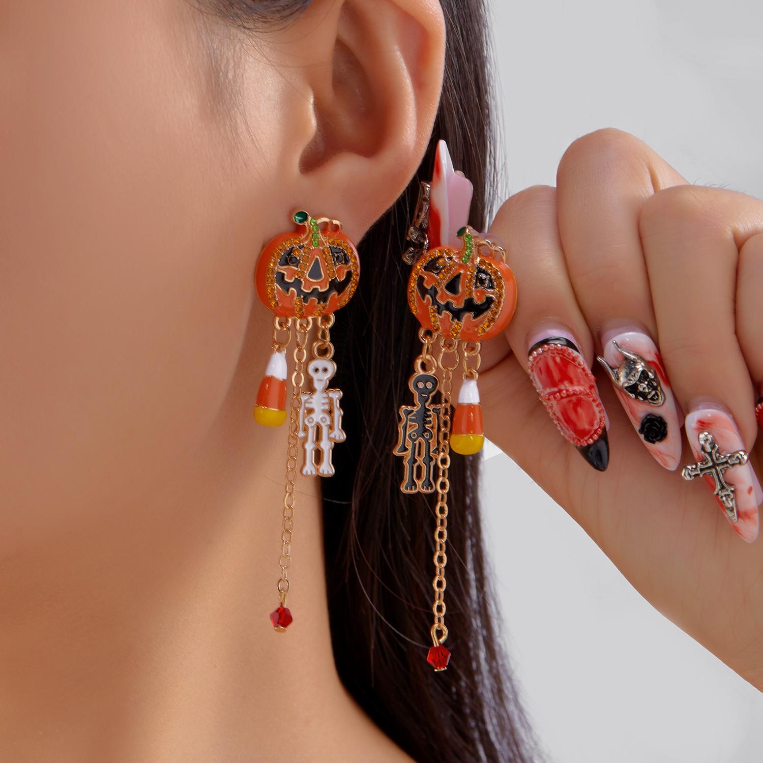 Cute Halloween Pumpkin Enamel Drop Earrings for Women Rhinestone Tassel Ghost Festival Delicate Hanging Jewelry Party Gift