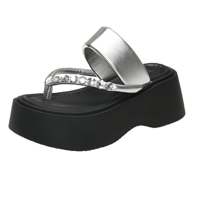 Women's Fashion Hick Soled Summer Wedges Flip Flops Sandals 2025 New Non Slip Rhinestone Slippers Women Soft Bottom Beach Shoes