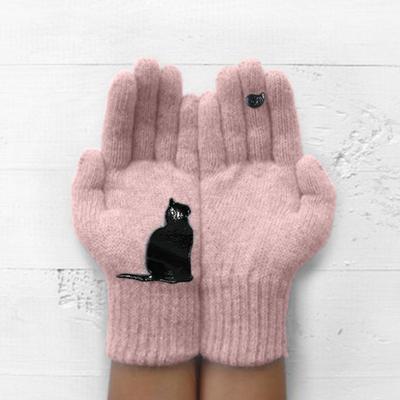 1 Paar Winterstrickhandschuhe Dickes Plüsch Einfarbig Katze und Vogel