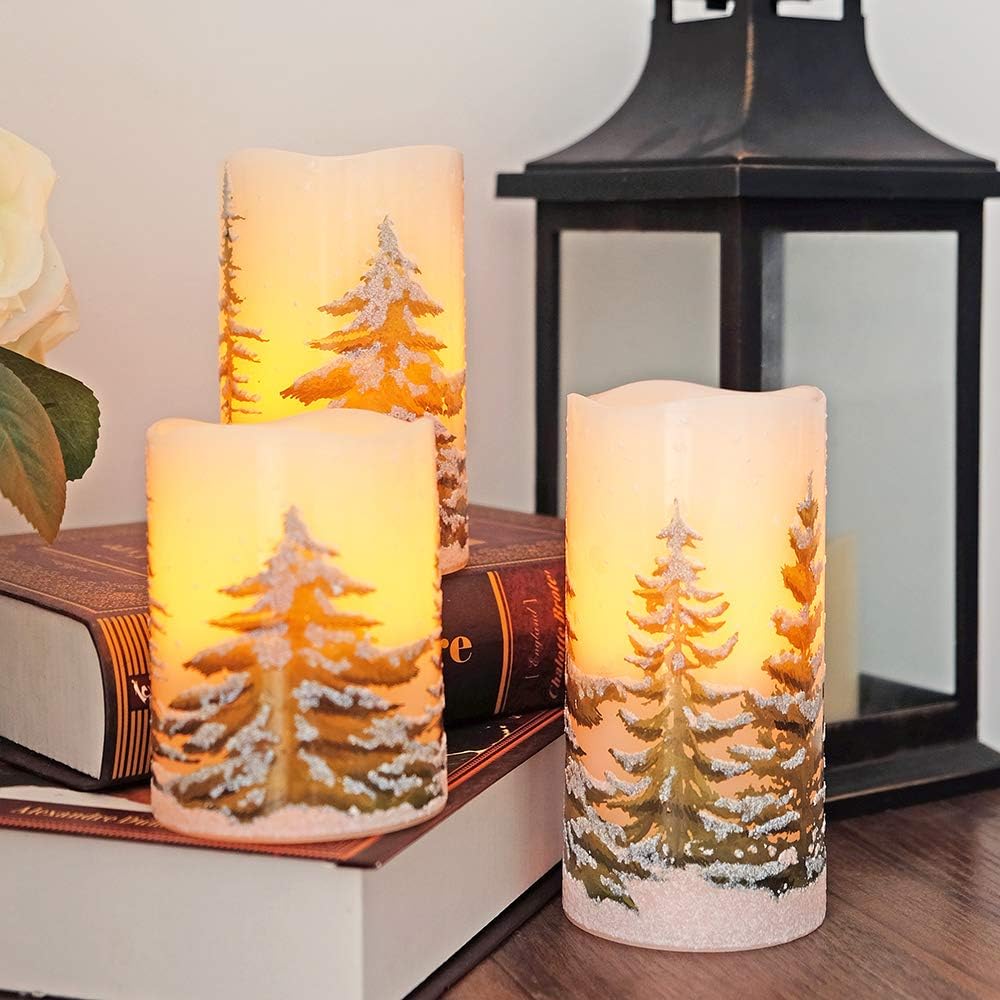 Wondise Flickering Flameless Pillar Candles with Timer, Battery Operated Real Wax Warm Light Christmas Tree Pine Tree Decal Candle for Home