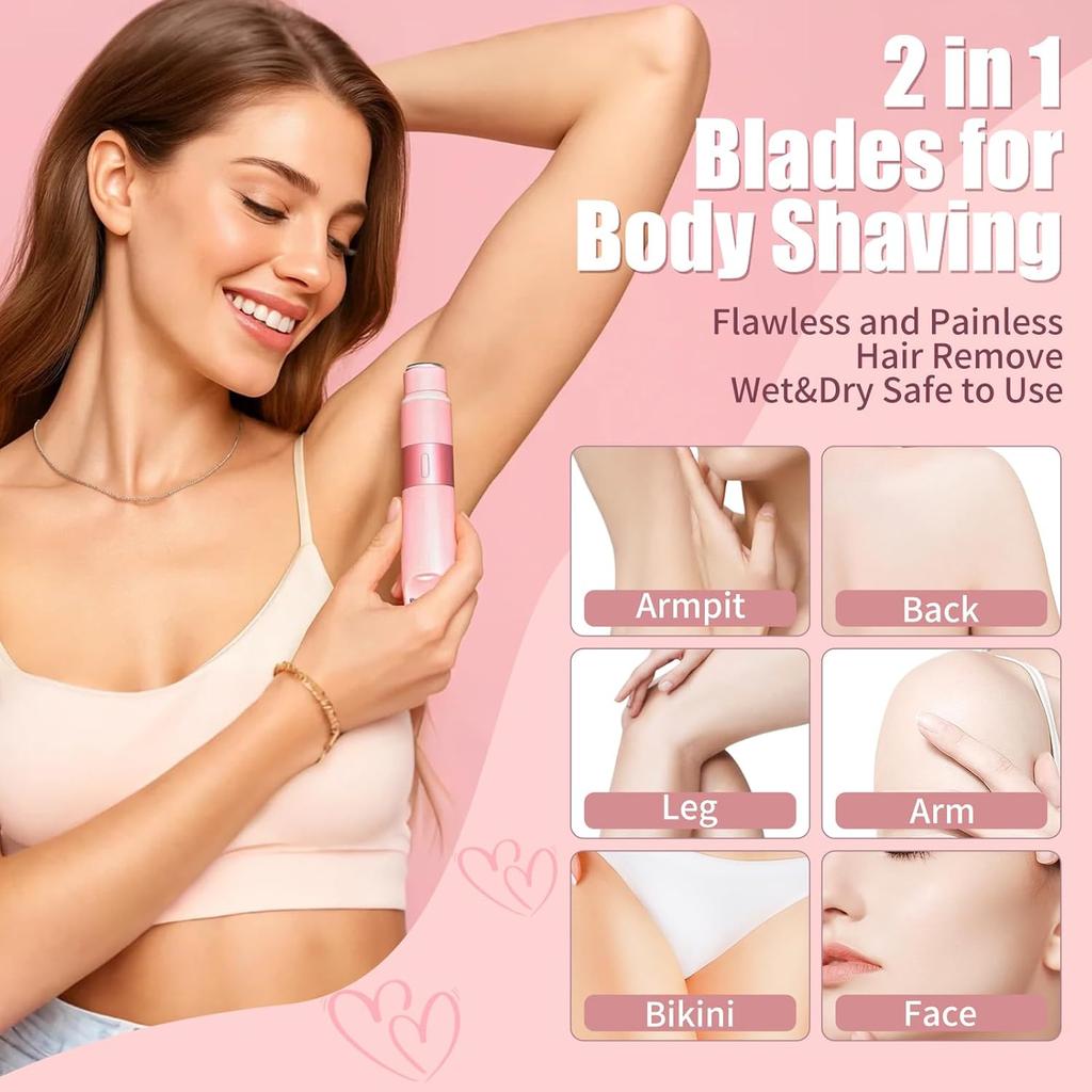 Bikini Trimmer for Women - 2 in 1 Painless Electric Razors for Women, IPX7 Waterproof Rechargeable LED Dual Head Electric Shaver for Lady Bikini
