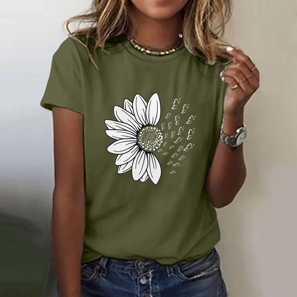 Women's Casual Floral Print Short Sleeved T-shirt With Round Neck  Top
