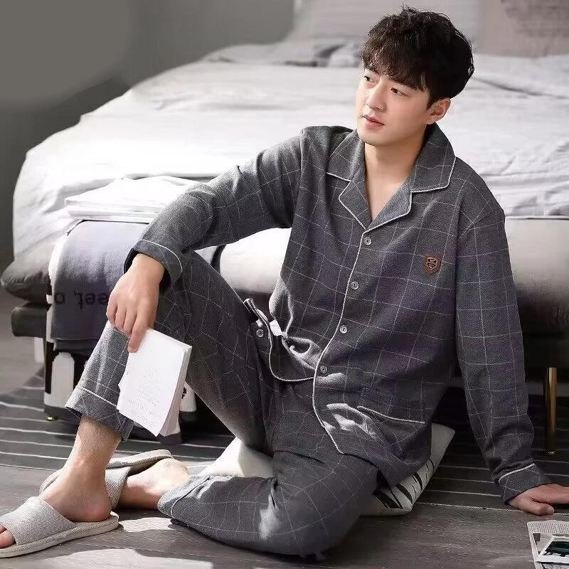 Cotton Men Pyjamas High-Grade and High-Quality 2PCS/Set Long-Sleeved Cardigan Homewear Black Striped Plaidsleepwear