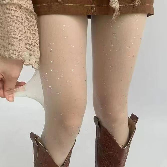 

Starlight Silver Sequin Stockings - Sparkly Skin Tone Pantyhose for Women One Size
