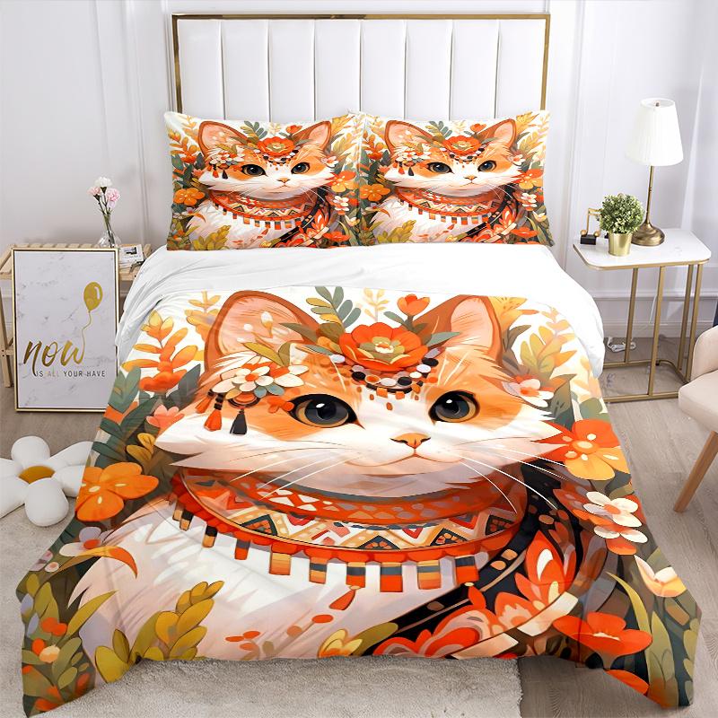 3pcs Orange Cat Creative Design Quilt Cover Set (1 Quilt Cover + 2 Pillowcases Without Pillow Core), High-Definition Printing for Home and Dormit