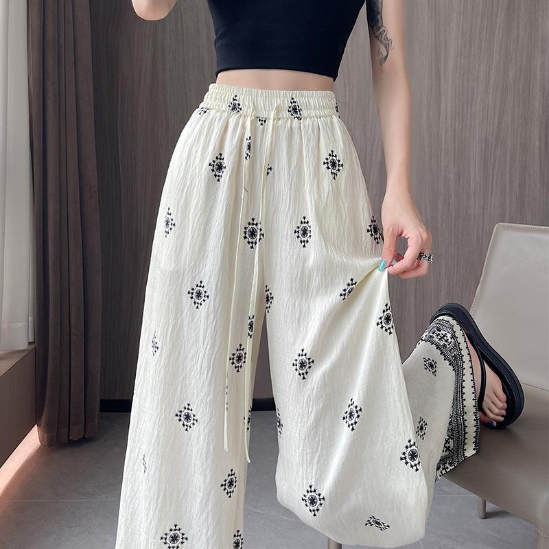 Summer Women Vintage Print Cotton And Linen Thin High Waist Wide Leg Pant Trouser For Girl