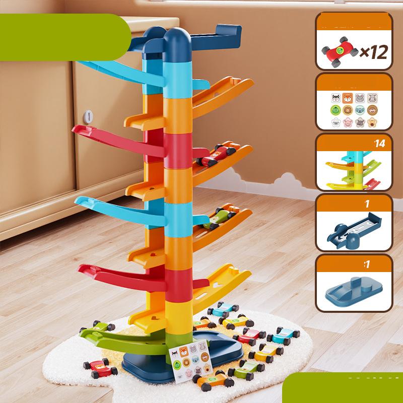 Kinderspiele Gleitbahn Auto 2 bis 5 Jahre Trägheitsspielzeug Mehrschichtig Cartoon Puzzle Rutschauto Achterbahn Rennspielzeug