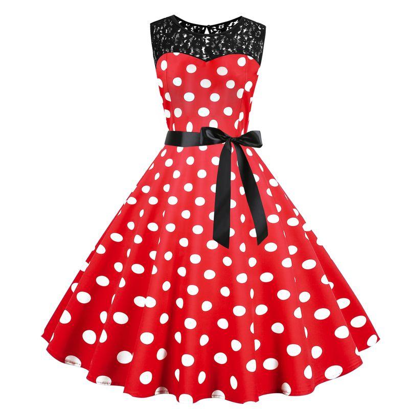 

French Retro Crew Neck Lace Polka Dot Dotted Prints Patchwork Waist-Slimming A- line Sleeveless Swing Dress Dance Skirt Red S