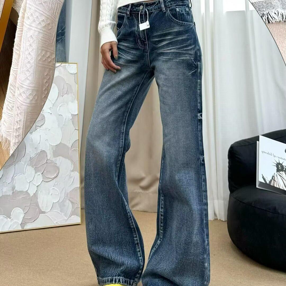 

Женские джинсы клеш с низкой посадкой в стиле ретро из флиса - Свободные брюки с широкими штанинами, не облегающие фигуру, для осени и зимы. 4XL