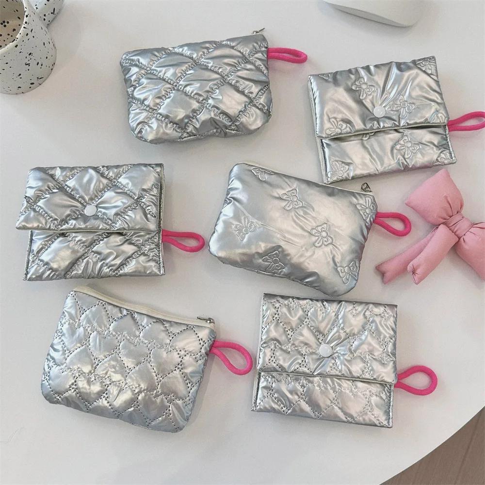 Silver Lingge Bow Pattern Coin Purses Small Canvas Coin Wallet Lady Girls Earphone Coin Key Money Storage Bag Zipper Pouch