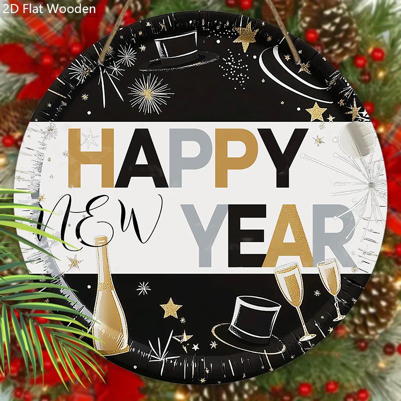 Simple Happy New Year Festival Wooden Ornament - Celebrate The New Year Sign for Front Door, Wall Hanging Decor - Ideal Festival Decor