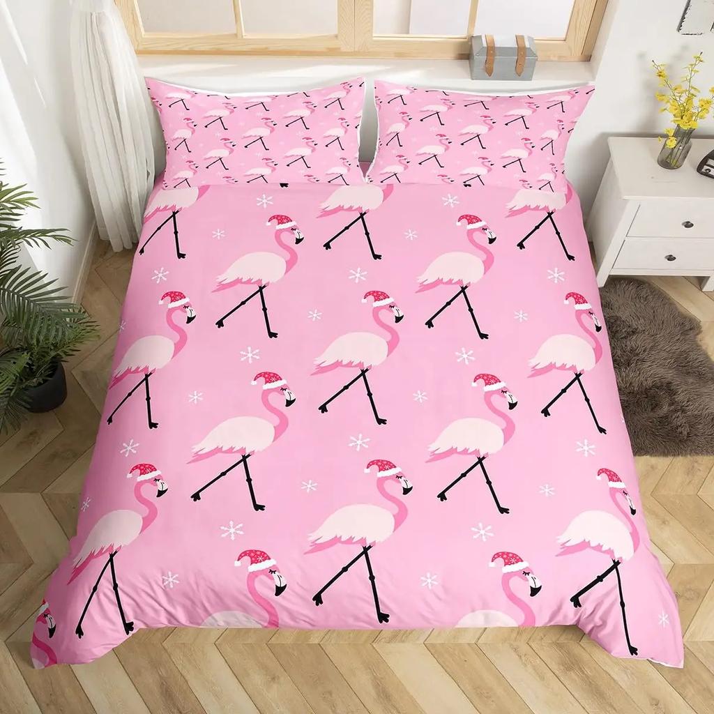Pink Flamingo Comforter Cover Green Palm Leaves Printed Bedding Set Duvet Cover for Teen Boys Girls Women Full Queen King Size