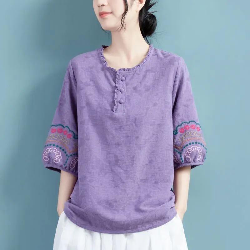 

Spring and summer new jacquard cotton and linen shirt women s fungus collar pullover top women s casual t-shirt M фіолетовий