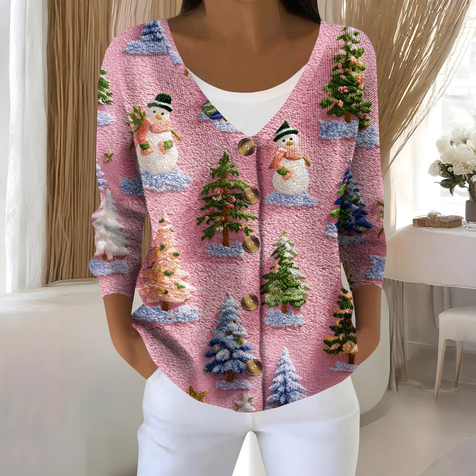 

Женская мода с длинным рукавом, рождественский принт «Снеговик-снежинка», куртка, кардиган L розовый