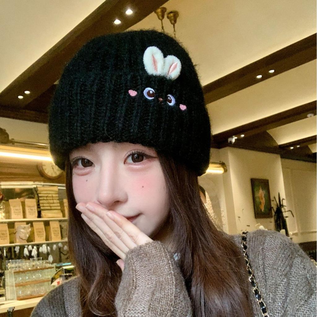 Winter Female Warm Cute Rabbit Knitted Hat Casual Versatile Thickened Warm Ear Protection Simple Wool Hat