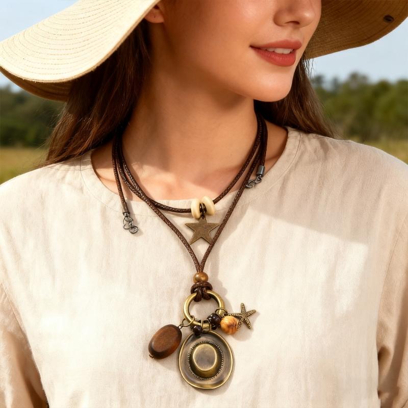 Western Styles Long Chain Necklace Artisanal Crafted Wax Cord Alloy Pendant Wooden Bead Accents Retro Fashion Accessory