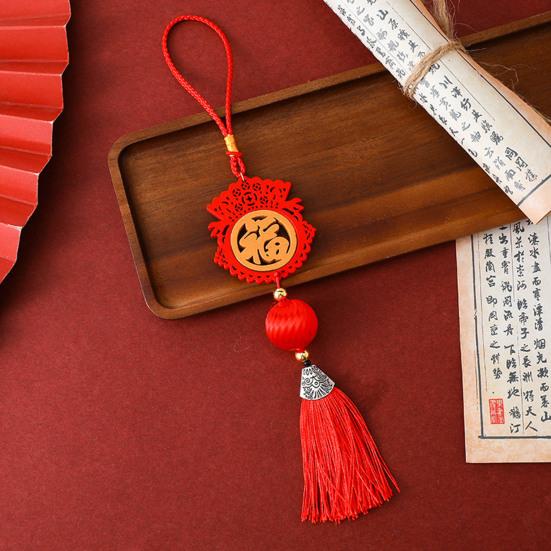 Décoration du Nouvel An Chinois Ornement Suspendu Rouge Traditionnel Pendentif Fu Porte-Bonheur avec Gland pour Fête du Printemps Maison Bureau Voiture Décoration d'Arbre