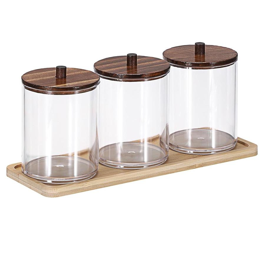 3 Pcs Bathroom Jar Qtip Holder with Vanity Tray Clear Cotton Ball Holder Cotton Swab Dispenser Bathroom Storage Canister