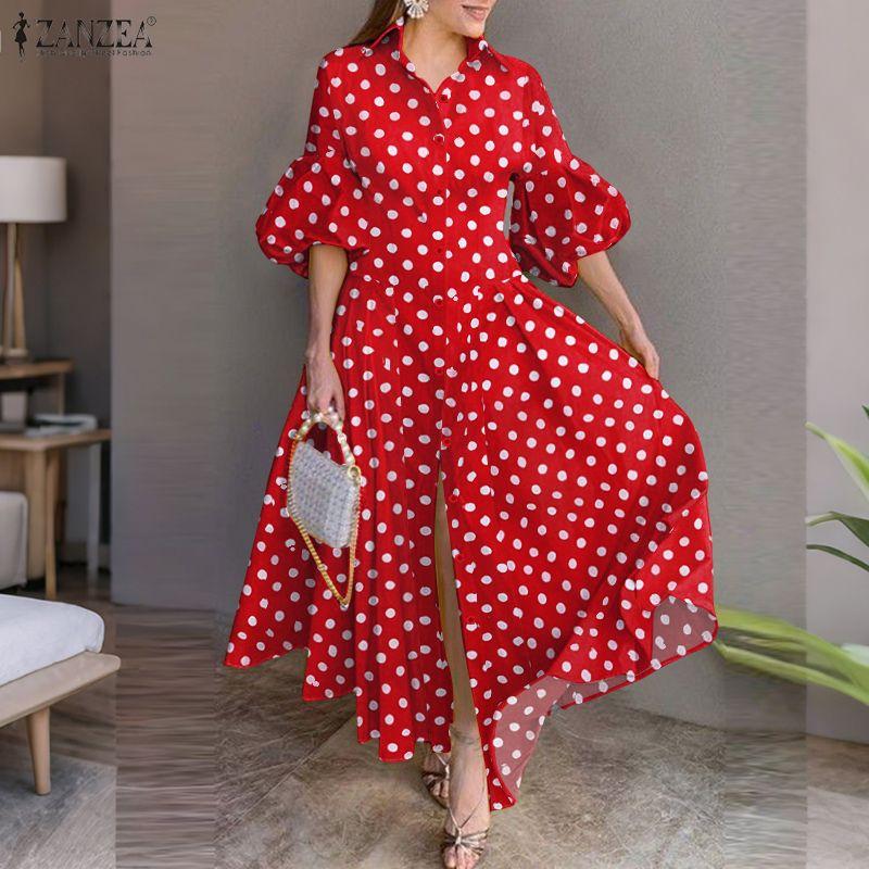 ZANZEA Vintage Damen Casual Umlegekragen Locker Halbarmlig Gepunktet Plissiertes Kleid