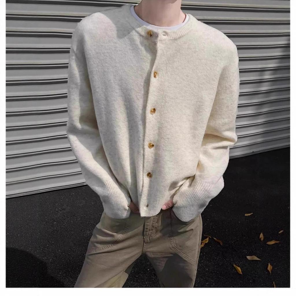 Men's Heavyweight Solid Color Button-Up Knit Cardigan - Autumn/Winter High-End American Lazy Style Sweater Coat.