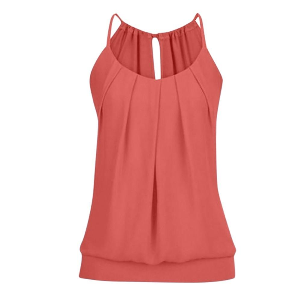 Women s Summer Fashion Round Neck Color Loose Pleated Camisole Top L оранжевый