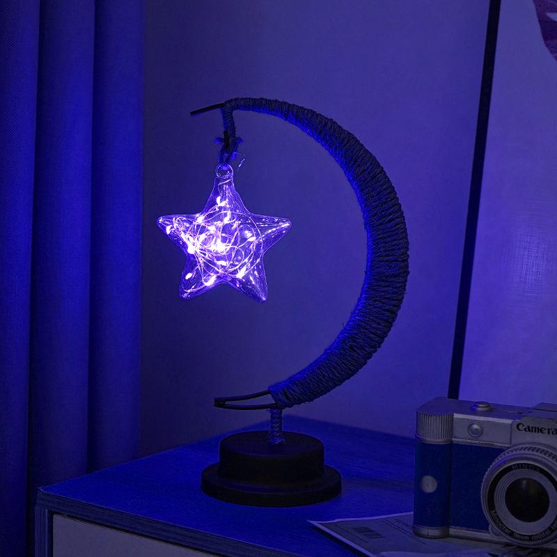 LED Star and Moon Vine Ball Desk Lamp with Hemp Rope and Iron Art - USB Decorative Night Light