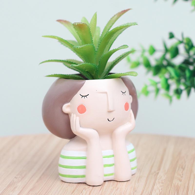 Cartoon Girl Design Resin Plant Flower Pot Succulent Planter Flowerpot Home Decoration(withoutPlant)