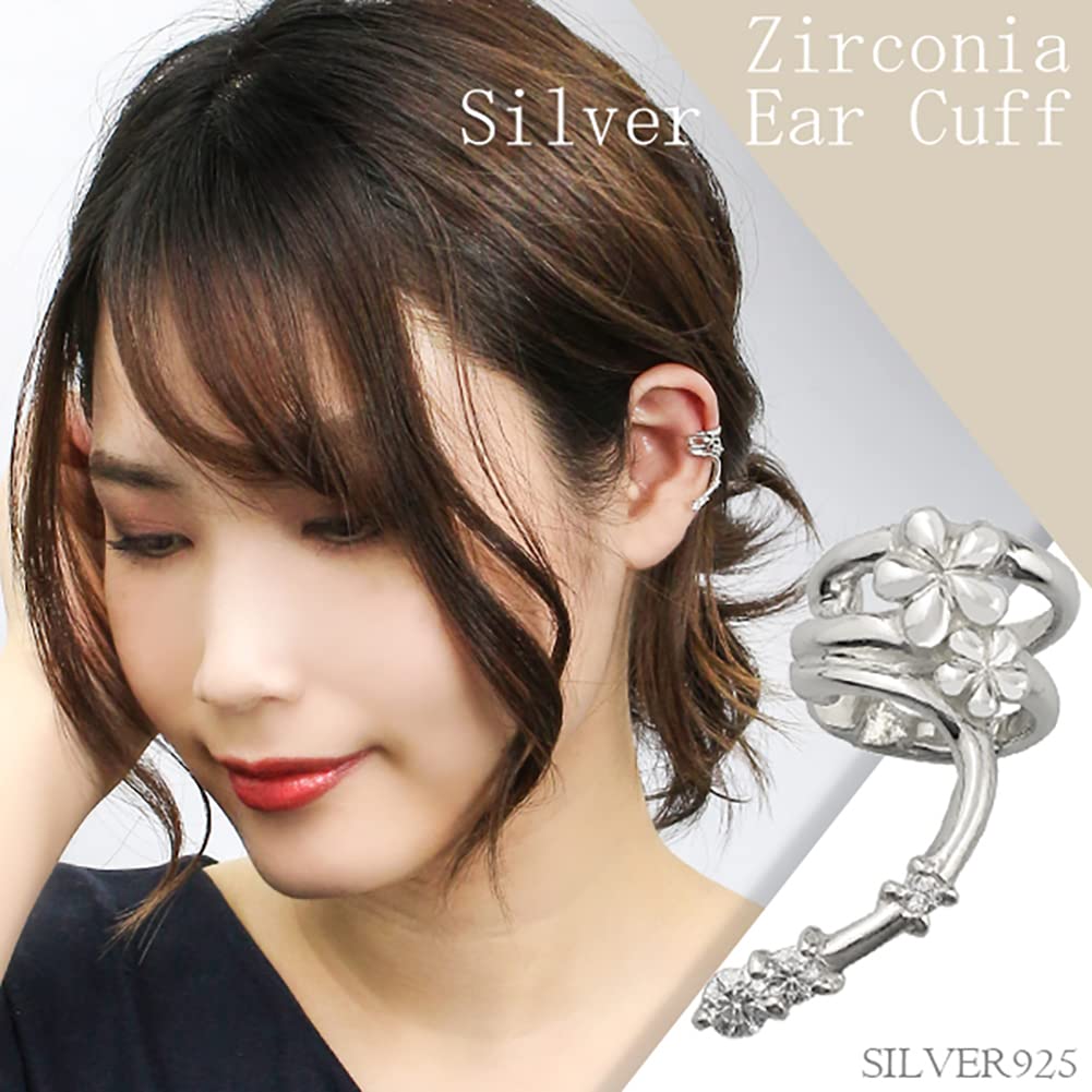 Shinjuku Gin no Kura Flower and Zirconia Silver 925 Ear Cuff (Single Earring) - Simple Design for Women