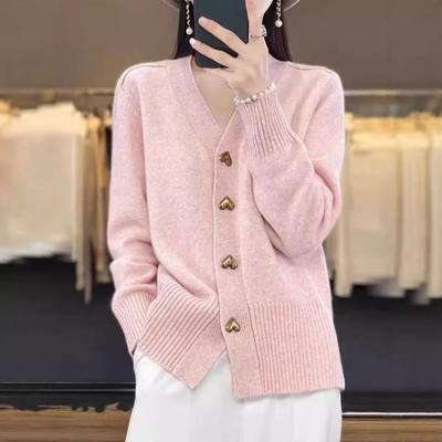 Outono Inverno Sólido Minimalista Tricô Top Botão Coração Decote V Cardigan Feminino Suéter Solto