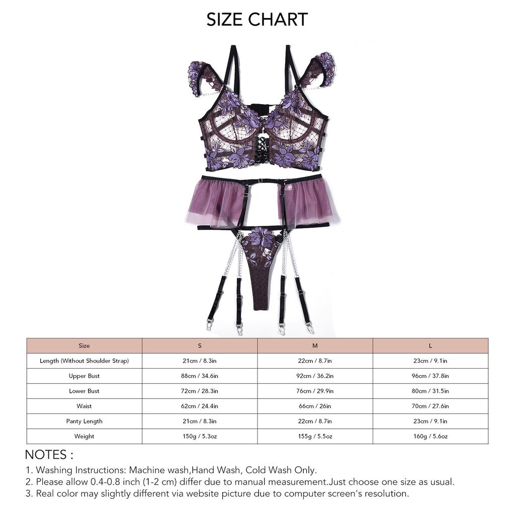 Embroidery Color Block Lingerie Set Women Mesh Underwire Bra Panty Garter Belt Set for Wedding Night Purple S