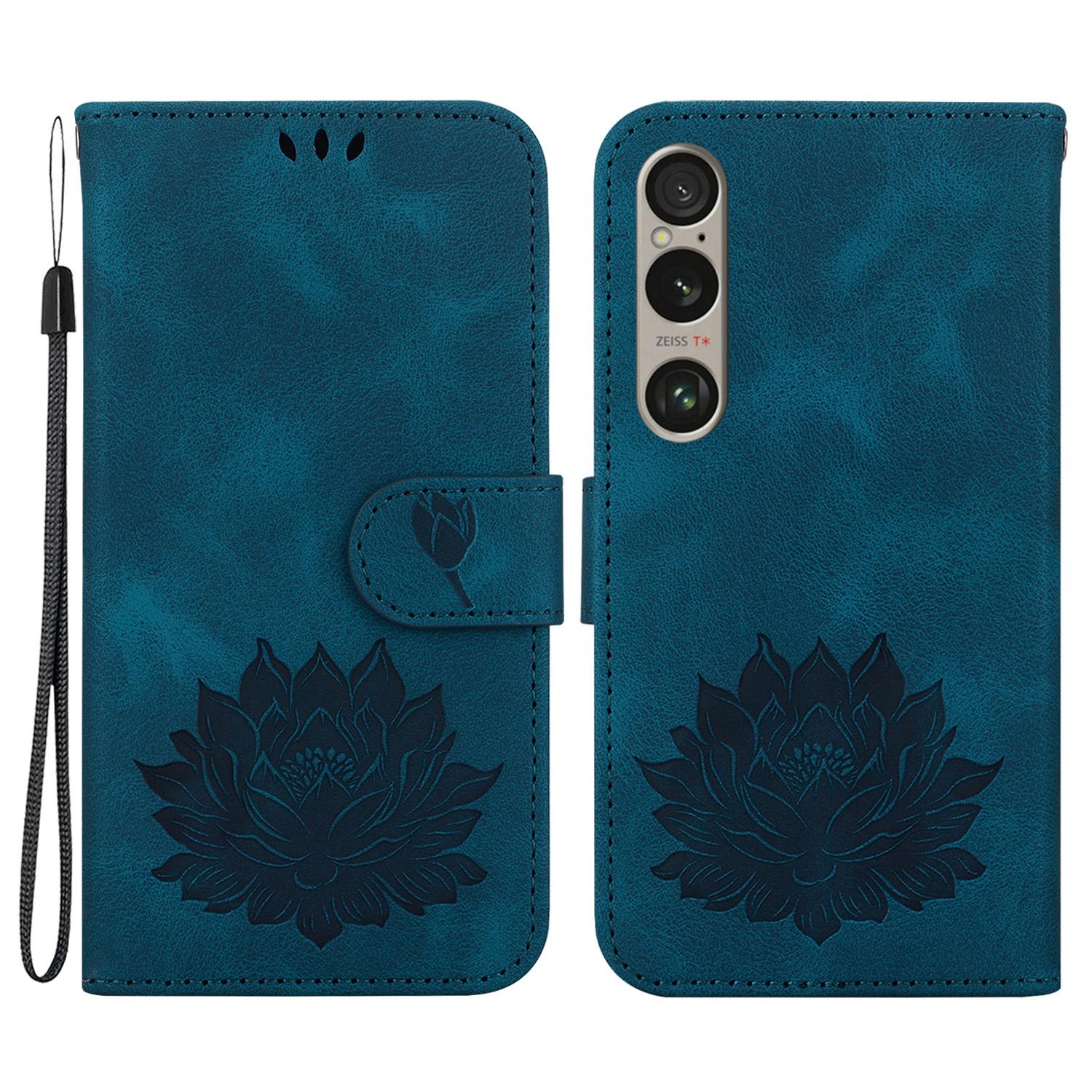 

For Sony Xperia 1 VI Case Folio Magnetic Clasp Leather Phone Cover Lotus Pattern Blue