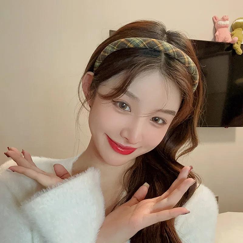 French Retro Sponge Headband Women College Style Plaid Hair Band Elegant Temperament Hoop Hairband Girl Hair Accessories Jewelry