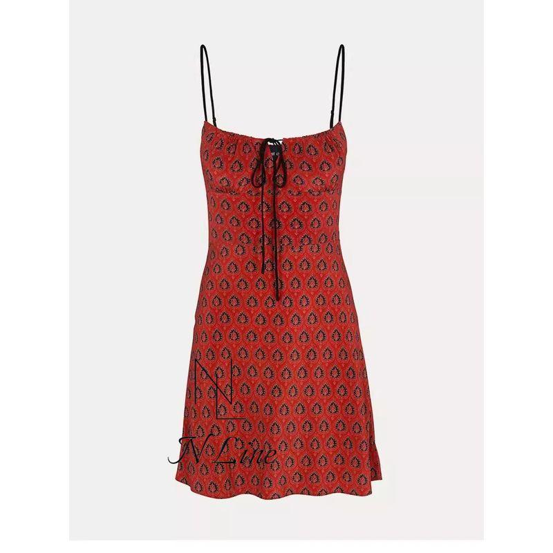 

Fashion Straight Picking Realisationpar Retro Lucky Totem Print Silk V-neck Strap Dress Female Slip Skirt XXS